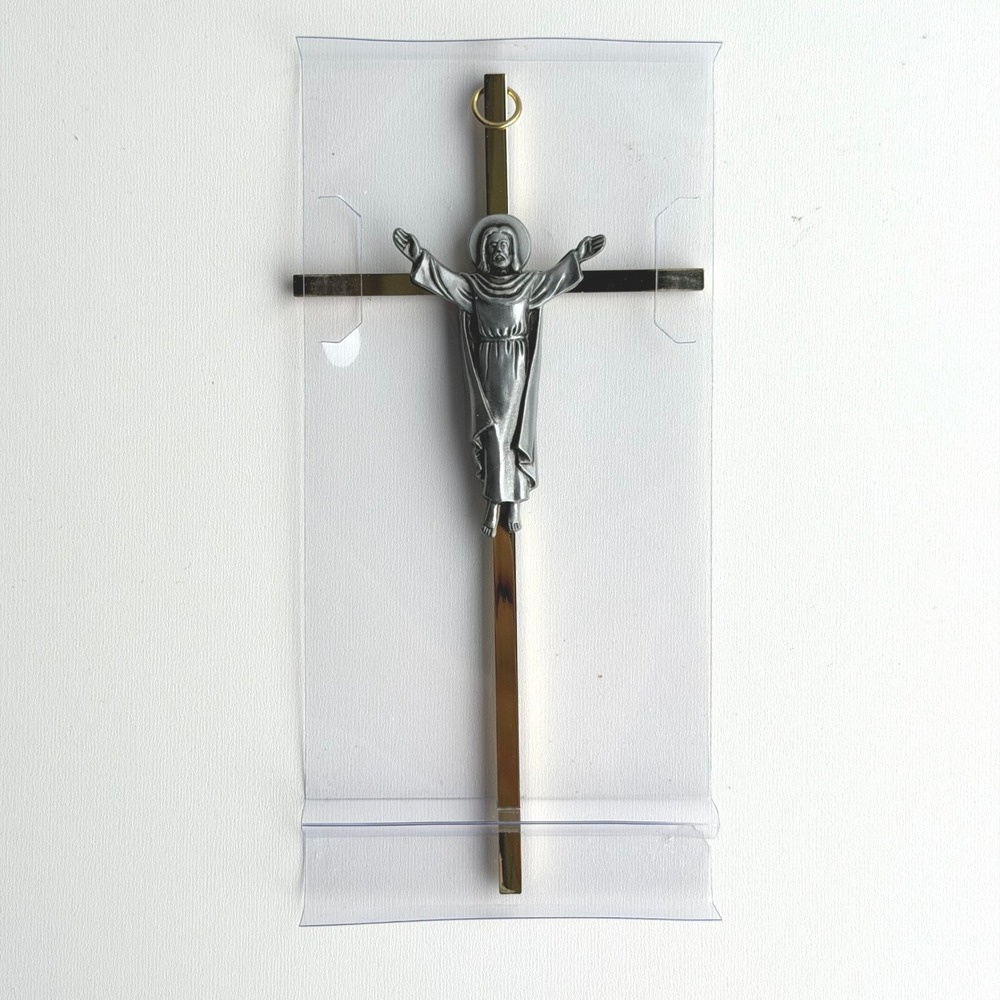 Vintage Crucifix Wall Cross James Brennan‎ Risen Christ Gold Silver Religious